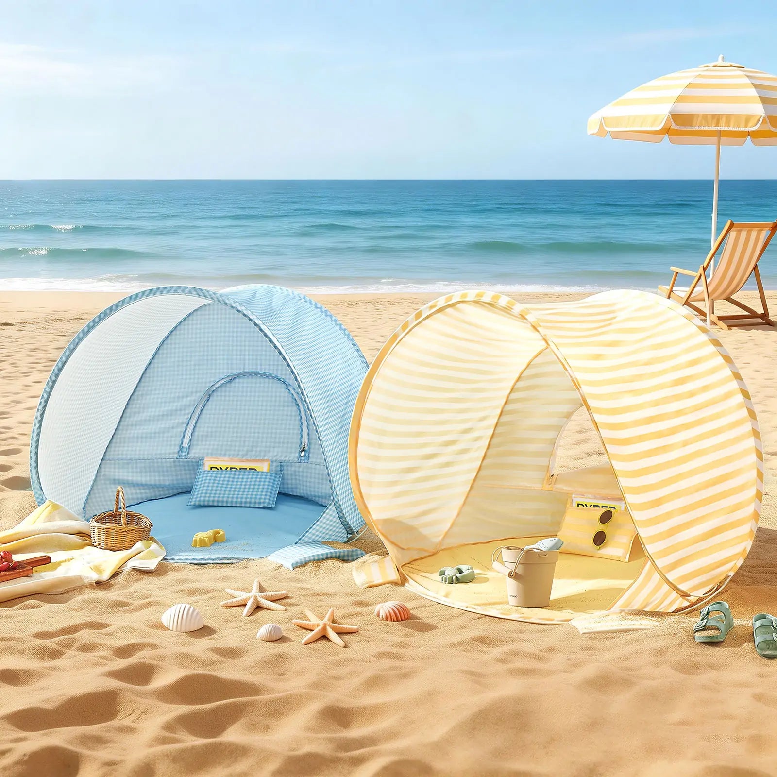 The Tiny Land® One-Stop Beach Toy & Tent Set – Light Blue Gingham includes a small blue gingham tent, sand play set, toys, shells, and picnic basket on the sand with the sea and deck chairs in the background under a clear sky.