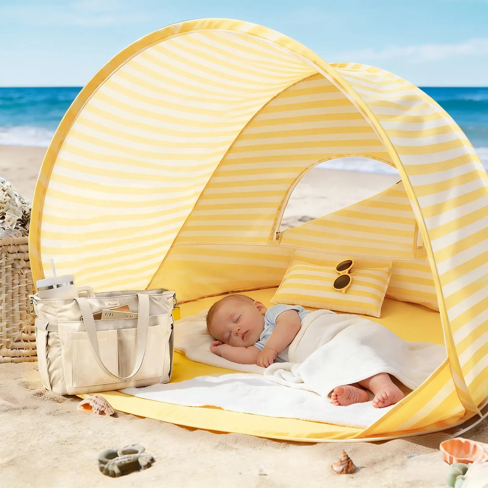 A baby naps on the sand under the Tiny Land® One-Stop Beach Toy & Tent Set in pastel yellow stripes, with a matching bag and sand play set close by; the ocean and blue sky create a stunning scene.|Pastel Yellow Stripes
