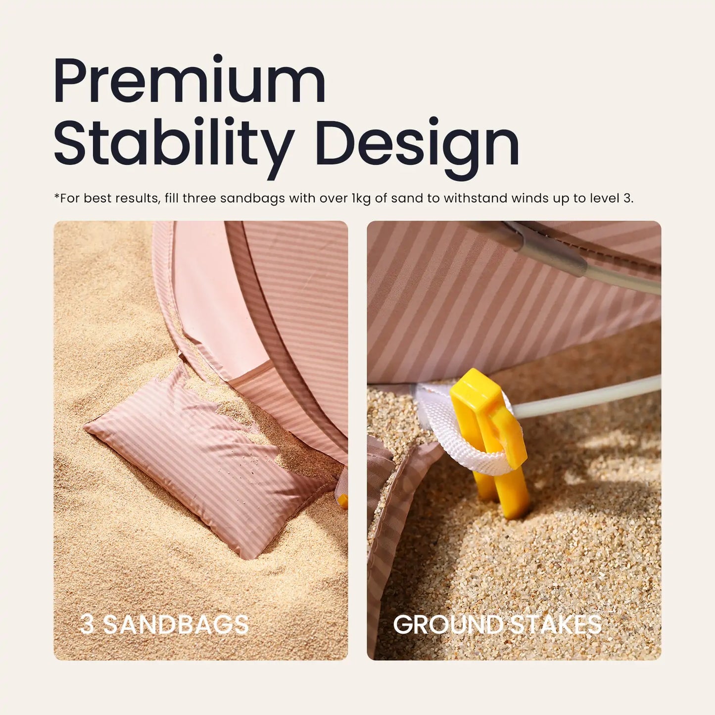 Two close-up images show the Tiny Land® One-Stop Beach Toy & Tent Set – Blush Pink with UV protection, secured by sandbags and yellow stakes. Text highlights its Premium Stability Design and tips for anchoring in windy conditions.|Blush Pink
