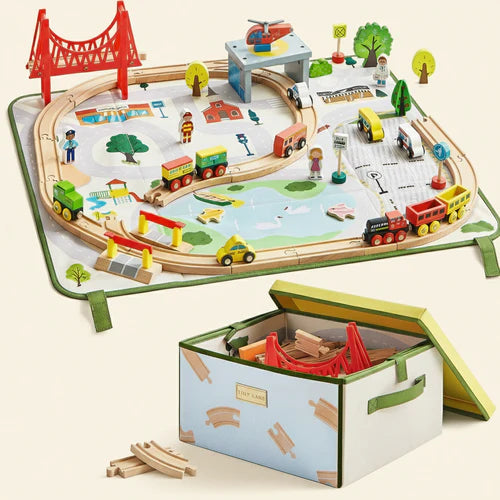 Tiny Land® 110-Piece Wooden Train Set with Folding Storage Box