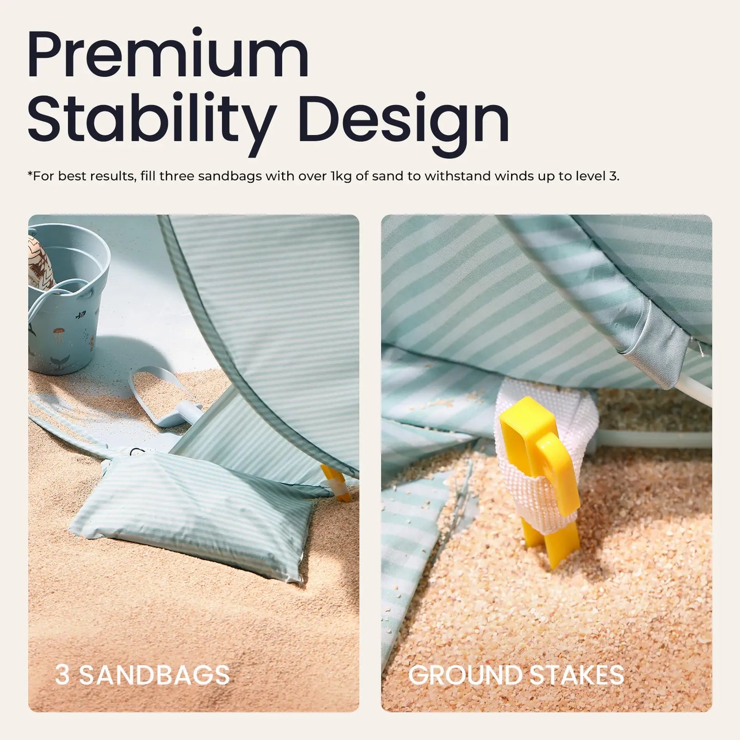 Close-up of the Tiny Land® One-Stop Beach Toy & Tent Set – Sea Blue on sand, showing a sandbag and yellow ground stake for stability. Text highlights Premium Stability Design, UV-protective shade, and setup instructions above images.|Sea Blue