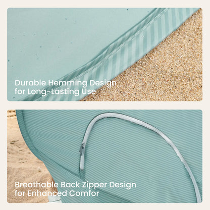Close-up images of the Tiny Land® One-Stop Beach Toy & Tent Set – Sea Blue, showing its durable hemming and breathable back zipper on sand. Text labels highlight these design features from Tiny Land.|Sea Blue