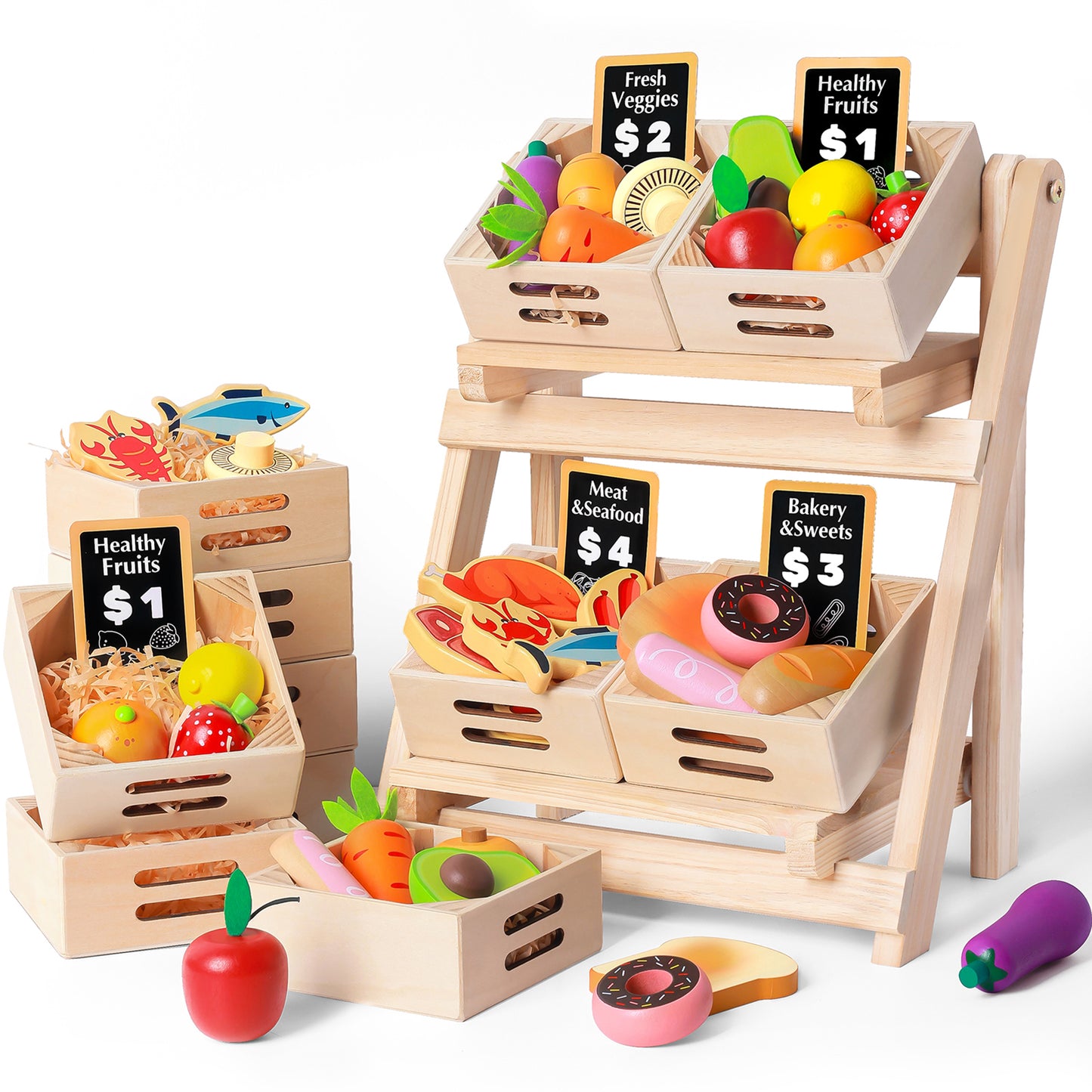 Tiny Land® Play Kitchen Accessories – Wooden Play Food for Play Kitchen: Pretend Cooking Set for Kids