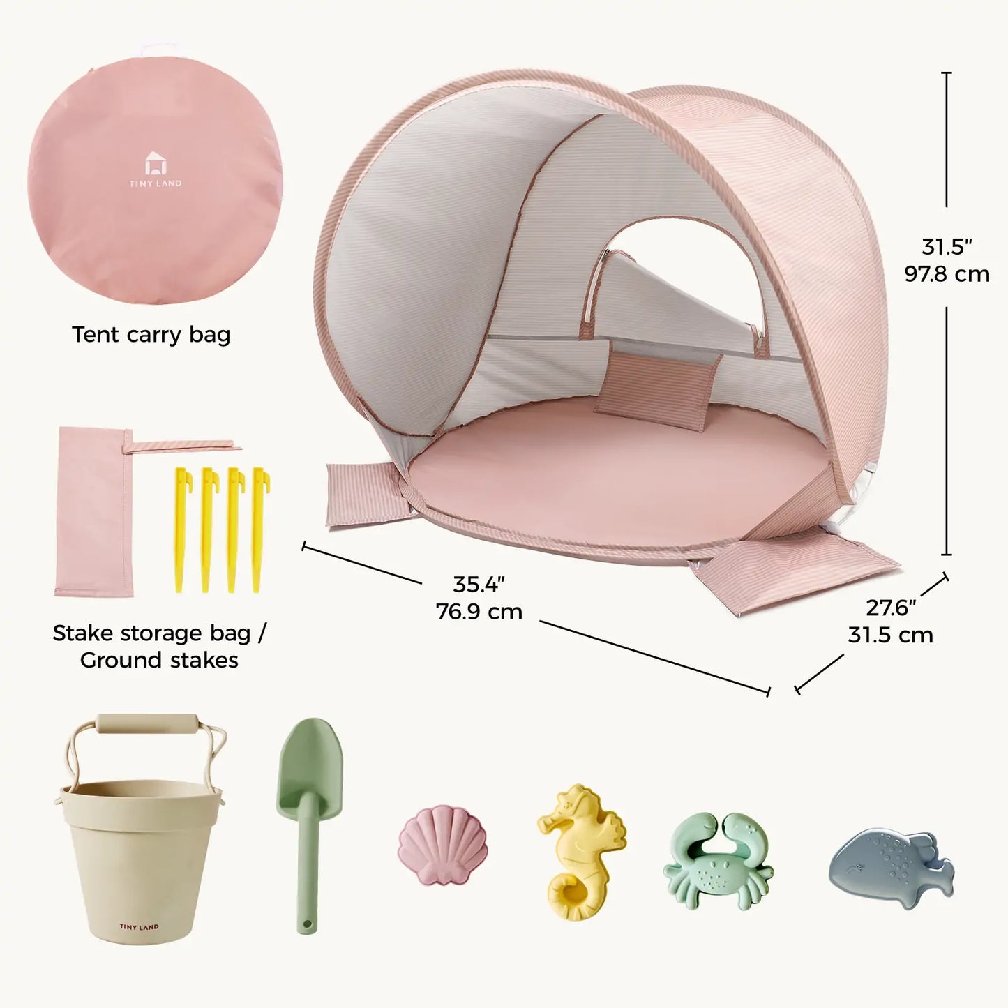 The Tiny Land® One-Stop Beach Toy & Tent Set – Blush Pink includes a UV-protective tent, carry bag, four yellow stakes with storage bag, beige bucket, green shovel, and five sea-themed sand molds—displayed with measurements.|Blush Pink