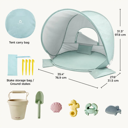 The Tiny Land® One-Stop Beach Toy & Tent Set – Sea Blue features a kids’ beach tent with UV protection, carrying bag, stakes, floor mat, plus a matching sand play set—bucket, shovel, and five molds. Dimensions in inches/cm.|Sea Blue