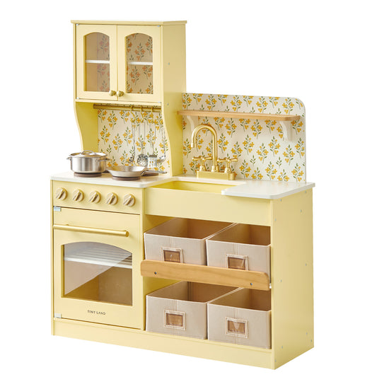 Tiny Land® Wooden Play Kitchen with Storage for Creative Toddlers - Yellow